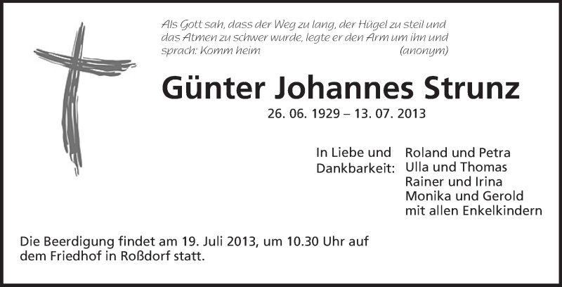  Traueranzeige für Günter Johannes Strunz vom 17.07.2013 aus Echo-Zeitungen (Gesamtausgabe)