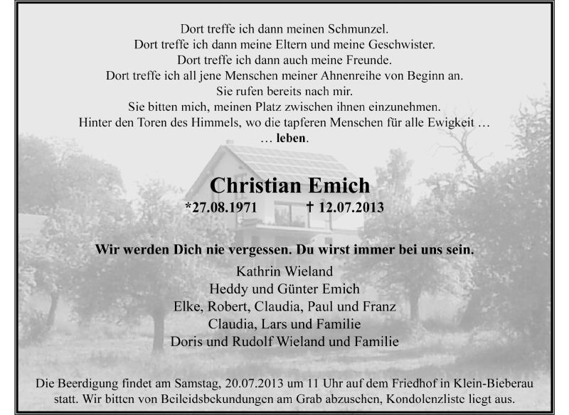  Traueranzeige für Christian Emich vom 17.07.2013 aus Echo-Zeitungen (Gesamtausgabe)