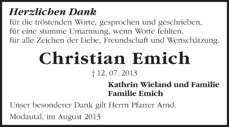  Traueranzeige für Christian Emich vom 24.08.2013 aus Echo-Zeitungen (Gesamtausgabe)