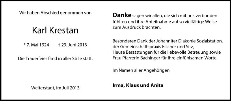 Traueranzeige für Karl Krestan vom 20.07.2013 aus Echo-Zeitungen (Gesamtausgabe)