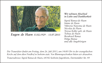 Traueranzeige von Eugen de Haen von Echo-Zeitungen (Gesamtausgabe)
