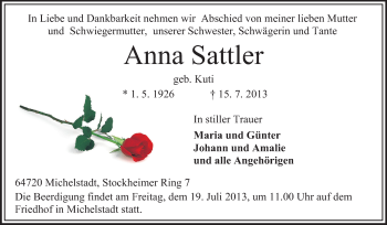 Traueranzeige von Anna Sattler von Odenwälder Echo
