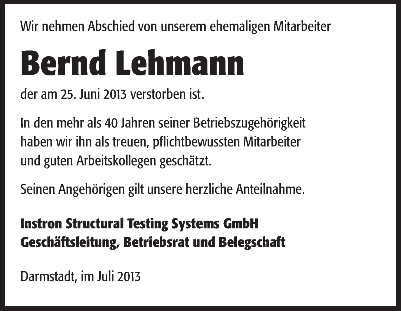  Traueranzeige für Bernd Lehmann vom 17.07.2013 aus Echo-Zeitungen (Gesamtausgabe)