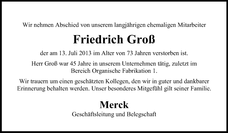 Traueranzeige für Friedrich Groß vom 17.07.2013 aus Echo-Zeitungen (Gesamtausgabe)