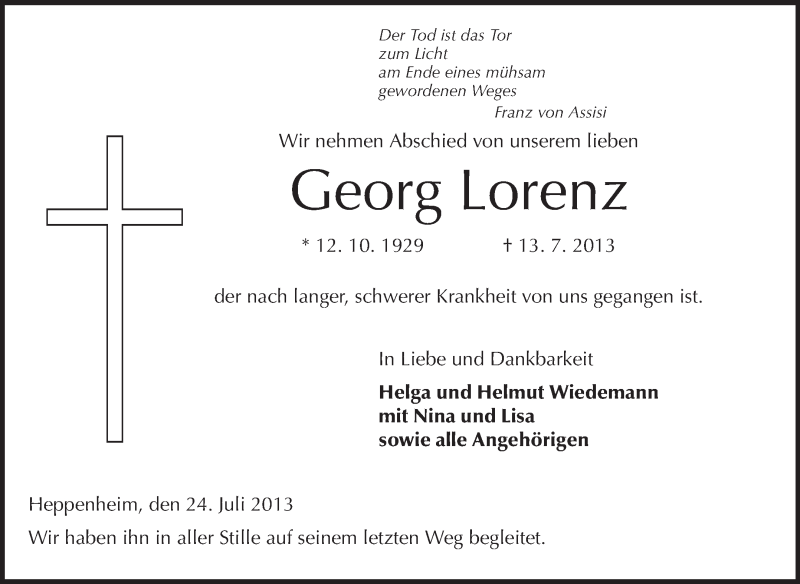  Traueranzeige für Georg Lorenz vom 24.07.2013 aus Starkenburger Echo