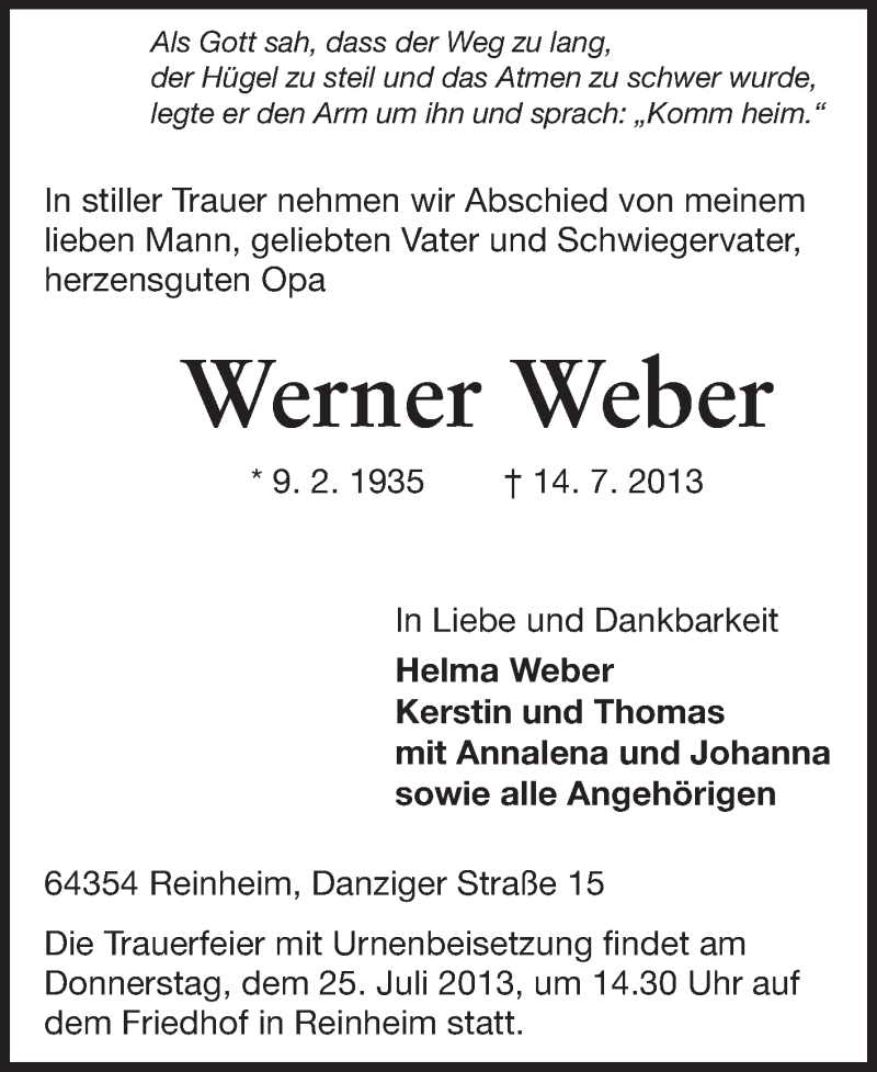  Traueranzeige für Werner Weber vom 20.07.2013 aus Echo-Zeitungen (Gesamtausgabe)