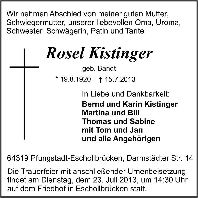  Traueranzeige für Rosel Kistinger vom 20.07.2013 aus Echo-Zeitungen (Gesamtausgabe)