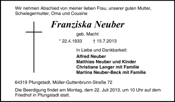 Traueranzeige von Franziska Neuber von Echo-Zeitungen (Gesamtausgabe)