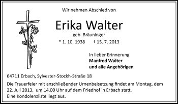 Traueranzeige von Erika Walter von Odenwälder Echo