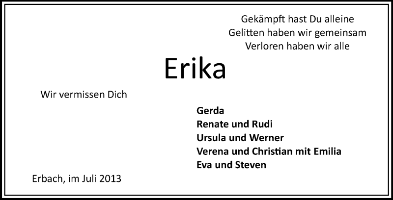  Traueranzeige für Erika Walter vom 18.07.2013 aus Odenwälder Echo