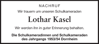 Traueranzeige von Lothar Kasel von Rüsselsheimer Echo, Groß-Gerauer-Echo, Ried Echo