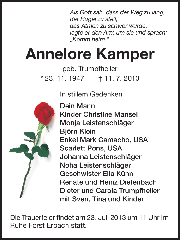  Traueranzeige für Annelore Kamper vom 18.07.2013 aus Echo-Zeitungen (Gesamtausgabe)