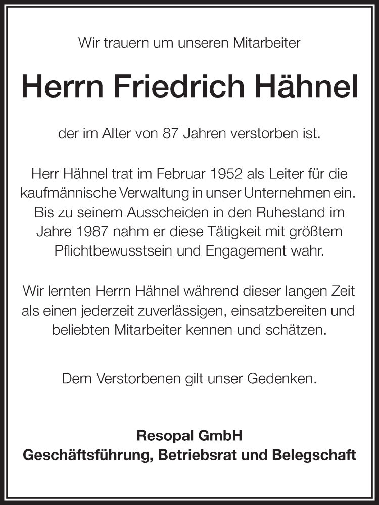  Traueranzeige für Friedrich Hähnel vom 19.07.2013 aus Echo-Zeitungen (Gesamtausgabe)