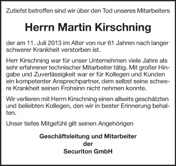 Traueranzeige von Martin Kirschning von Darmstädter Echo, Odenwälder Echo, Rüsselsheimer Echo, Groß-Gerauer-Echo, Ried Echo