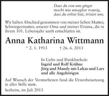 Traueranzeige von Anna Katharina Wittmann von Echo-Zeitungen (Gesamtausgabe)