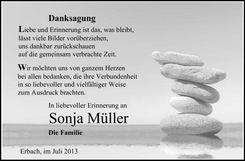  Traueranzeige für Sonja Müller vom 20.07.2013 aus Odenwälder Echo