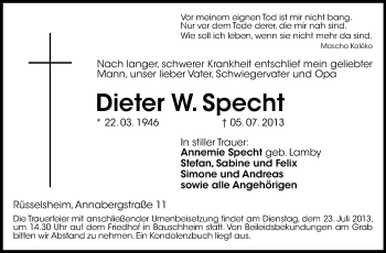 Traueranzeige von Dieter Specht von Rüsselsheimer Echo, Groß-Gerauer-Echo, Ried Echo