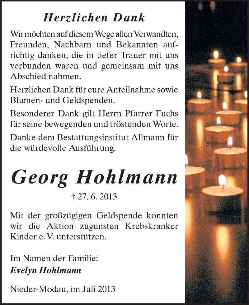  Traueranzeige für Georg Hohlmann vom 20.07.2013 aus Echo-Zeitungen (Gesamtausgabe)