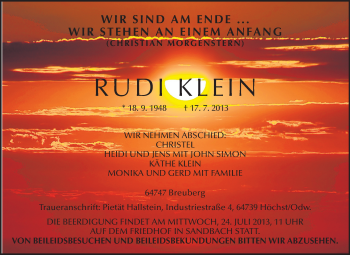 Traueranzeige von Rudi Klein von Odenwälder Echo