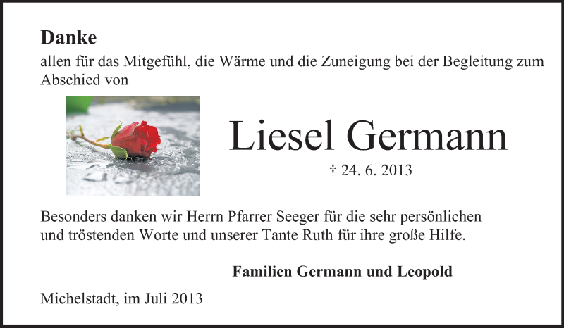  Traueranzeige für Liesel Germann vom 20.07.2013 aus Odenwälder Echo