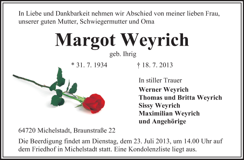  Traueranzeige für Margot Weyrich vom 20.07.2013 aus Odenwälder Echo