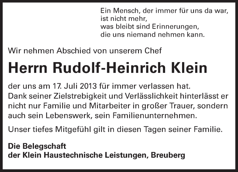  Traueranzeige für Rudolf-Heinrich Klein vom 20.07.2013 aus Odenwälder Echo