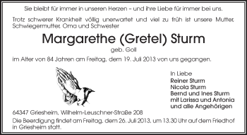 Traueranzeige von Margarethe Sturm von Echo-Zeitungen (Gesamtausgabe)