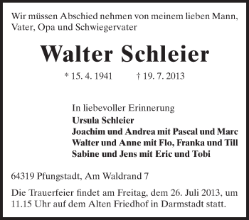 Traueranzeige von Walter Schleier von Echo-Zeitungen (Gesamtausgabe)
