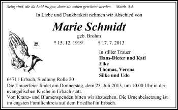Traueranzeige von Marie Schmidt von Odenwälder Echo