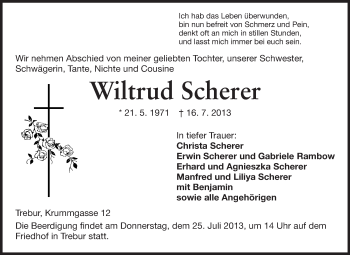 Traueranzeige von Wiltrud Scherer von Rüsselsheimer Echo, Groß-Gerauer-Echo, Ried Echo