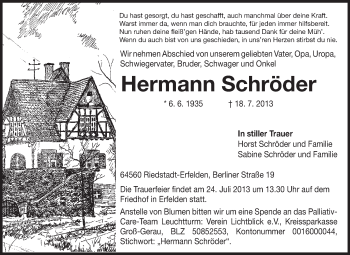 Traueranzeige von Hermann Schröder von Rüsselsheimer Echo, Groß-Gerauer-Echo, Ried Echo