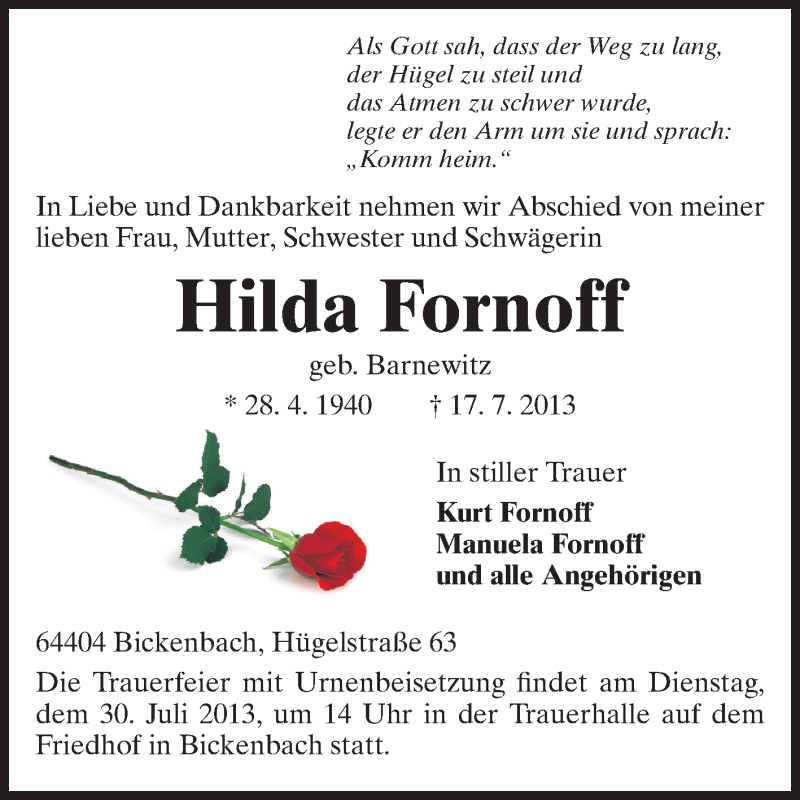  Traueranzeige für Hilda Fornoff vom 27.07.2013 aus Echo-Zeitungen (Gesamtausgabe)