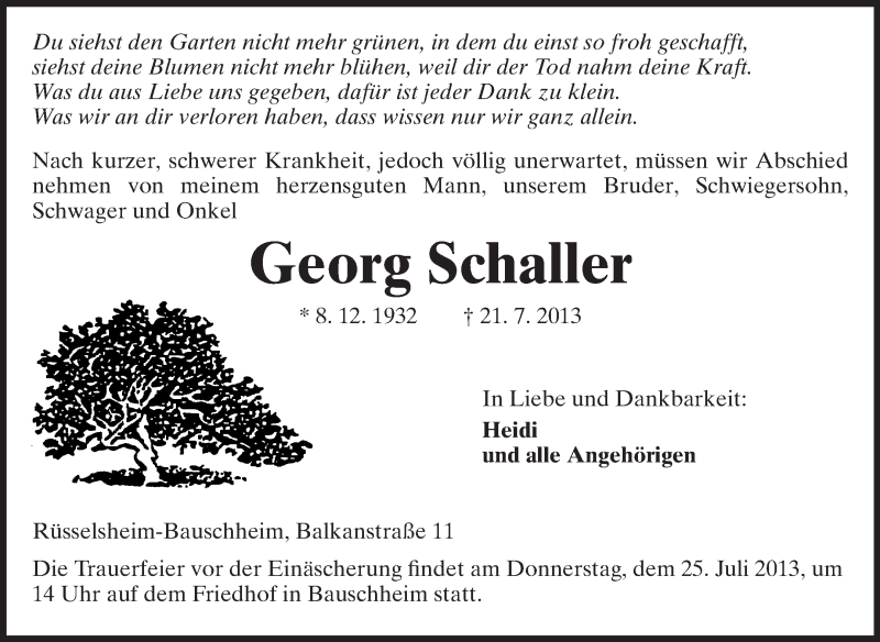 Traueranzeige für Georg Schaller vom 23.07.2013 aus Rüsselsheimer Echo, Groß-Gerauer-Echo, Ried Echo
