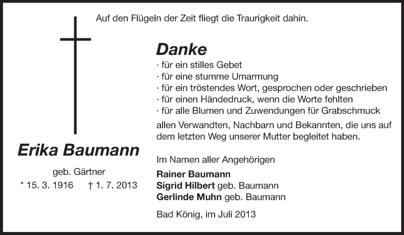  Traueranzeige für Erika Baumann vom 24.07.2013 aus Odenwälder Echo