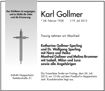 Traueranzeige von Karl Gollmer von Starkenburger Echo