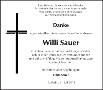 Traueranzeige von Willi Sauer von Rüsselsheimer Echo, Groß-Gerauer-Echo, Ried Echo