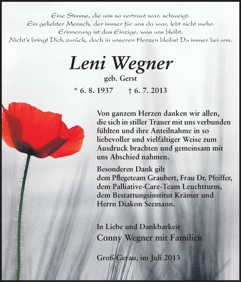  Traueranzeige für Leni Wegner vom 27.07.2013 aus Rüsselsheimer Echo, Groß-Gerauer-Echo, Ried Echo