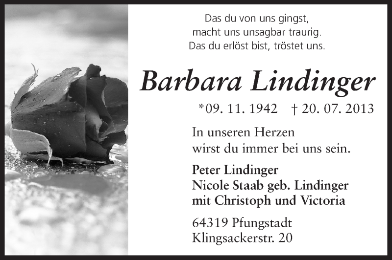  Traueranzeige für Barbara Lindinger vom 24.07.2013 aus Echo-Zeitungen (Gesamtausgabe)