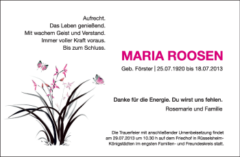 Traueranzeige von Maria Roosen von Rüsselsheimer Echo, Groß-Gerauer-Echo, Ried Echo