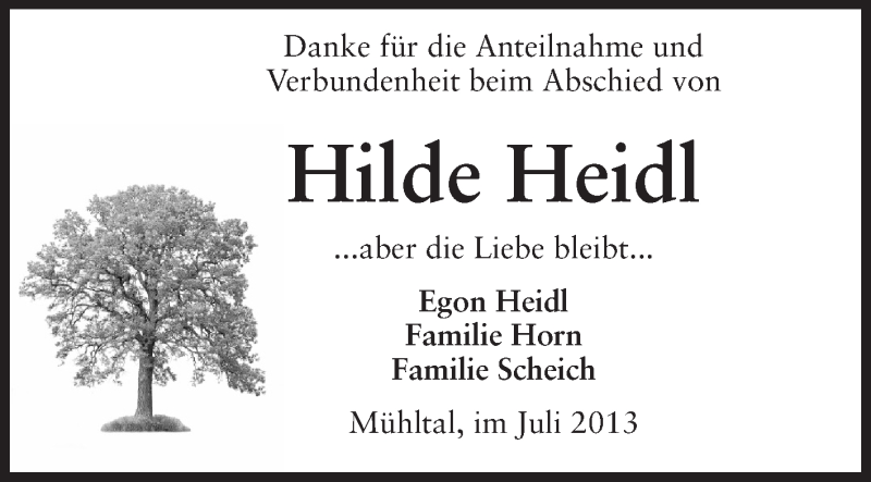 Traueranzeige für Hilde Heidl vom 24.07.2013 aus Echo-Zeitungen (Gesamtausgabe)