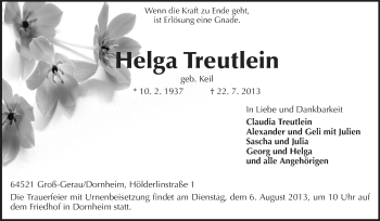 Traueranzeige von Helga Treutlein von Rüsselsheimer Echo, Groß-Gerauer-Echo, Ried Echo