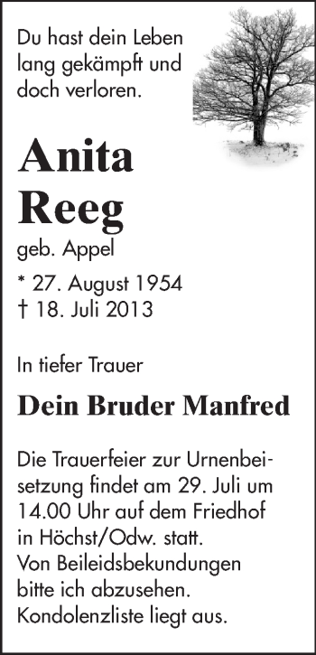 Traueranzeige von Anita Reeg von Echo-Zeitungen (Gesamtausgabe)