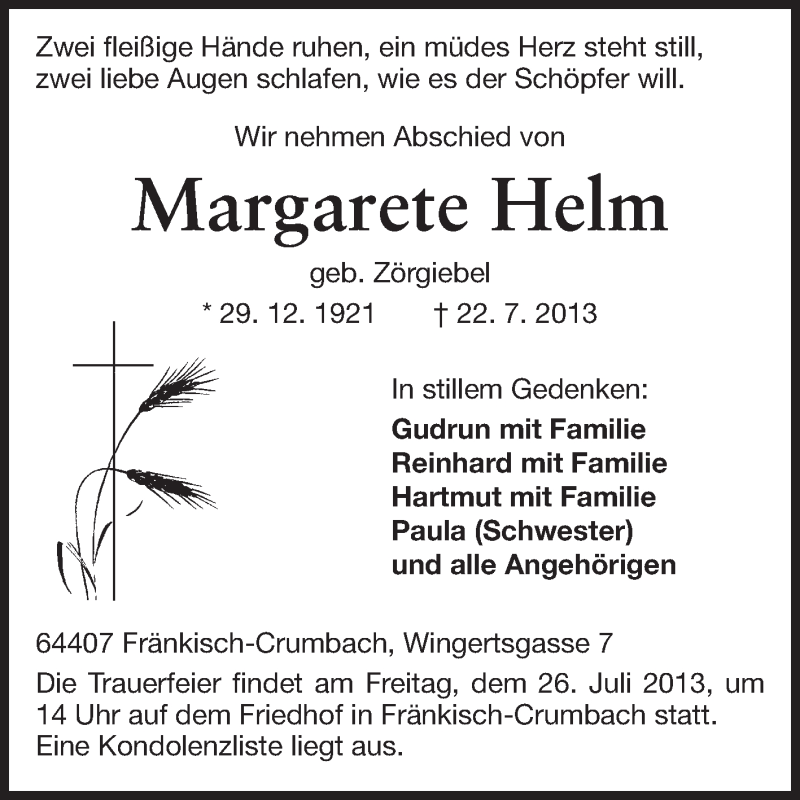  Traueranzeige für Margarete Helm vom 25.07.2013 aus Echo-Zeitungen (Gesamtausgabe)