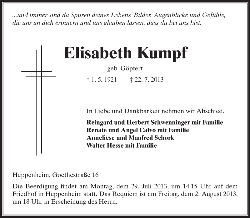  Traueranzeige für Elisabeth Kumpf vom 25.07.2013 aus Starkenburger Echo