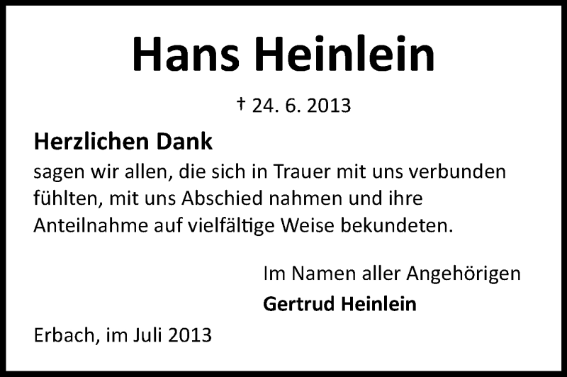  Traueranzeige für Hans Heinlein vom 27.07.2013 aus Odenwälder Echo