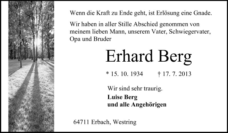  Traueranzeige für Erhard Berg vom 27.07.2013 aus Odenwälder Echo