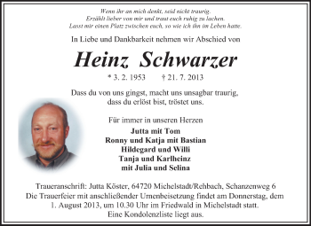 Traueranzeige von Heinrich Schwarzer von Odenwälder Echo