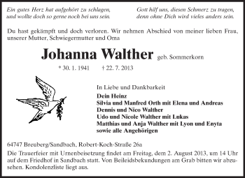 Traueranzeige von Johanna Walther von Odenwälder Echo