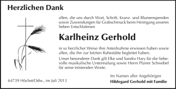 Traueranzeige von Karlheinz Gerhold von Odenwälder Echo