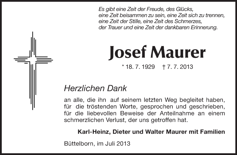  Traueranzeige für Josef Maurer vom 27.07.2013 aus Rüsselsheimer Echo, Groß-Gerauer-Echo, Ried Echo